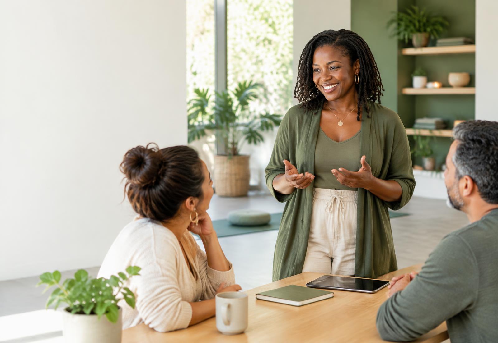 A wellness professional guiding members in a bright community studio