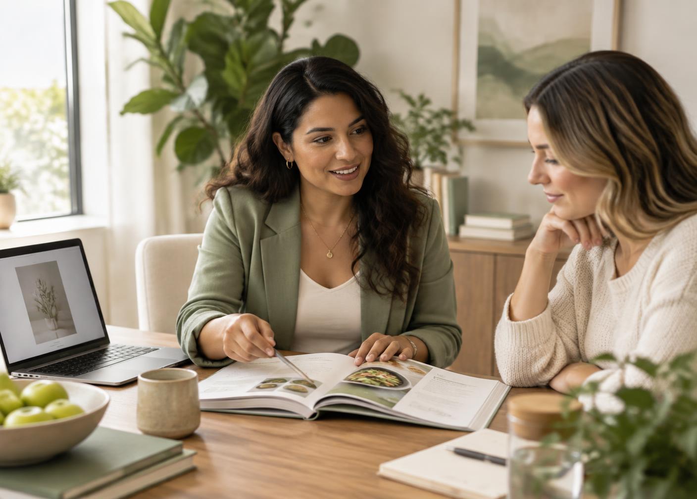 A wellness professional meeting with a client and reviewing a wellness resource