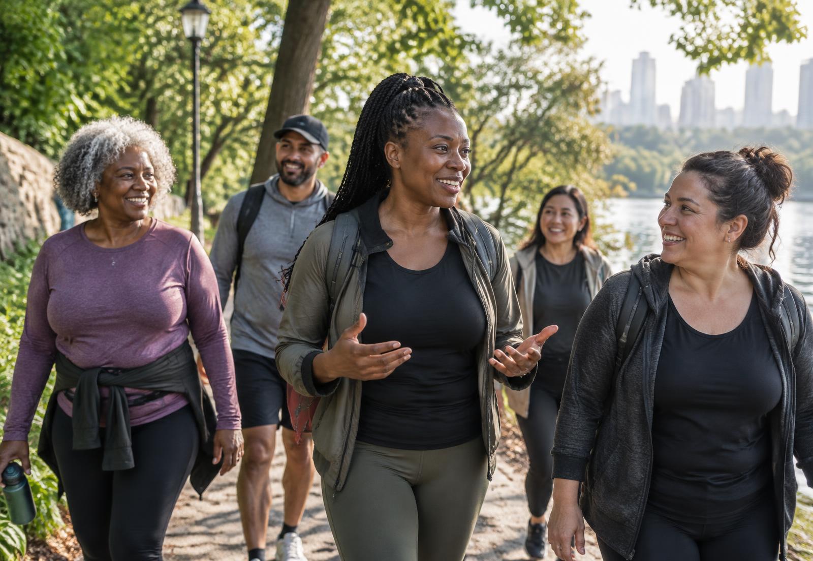 A wellness host leading a diverse community walking group in a park