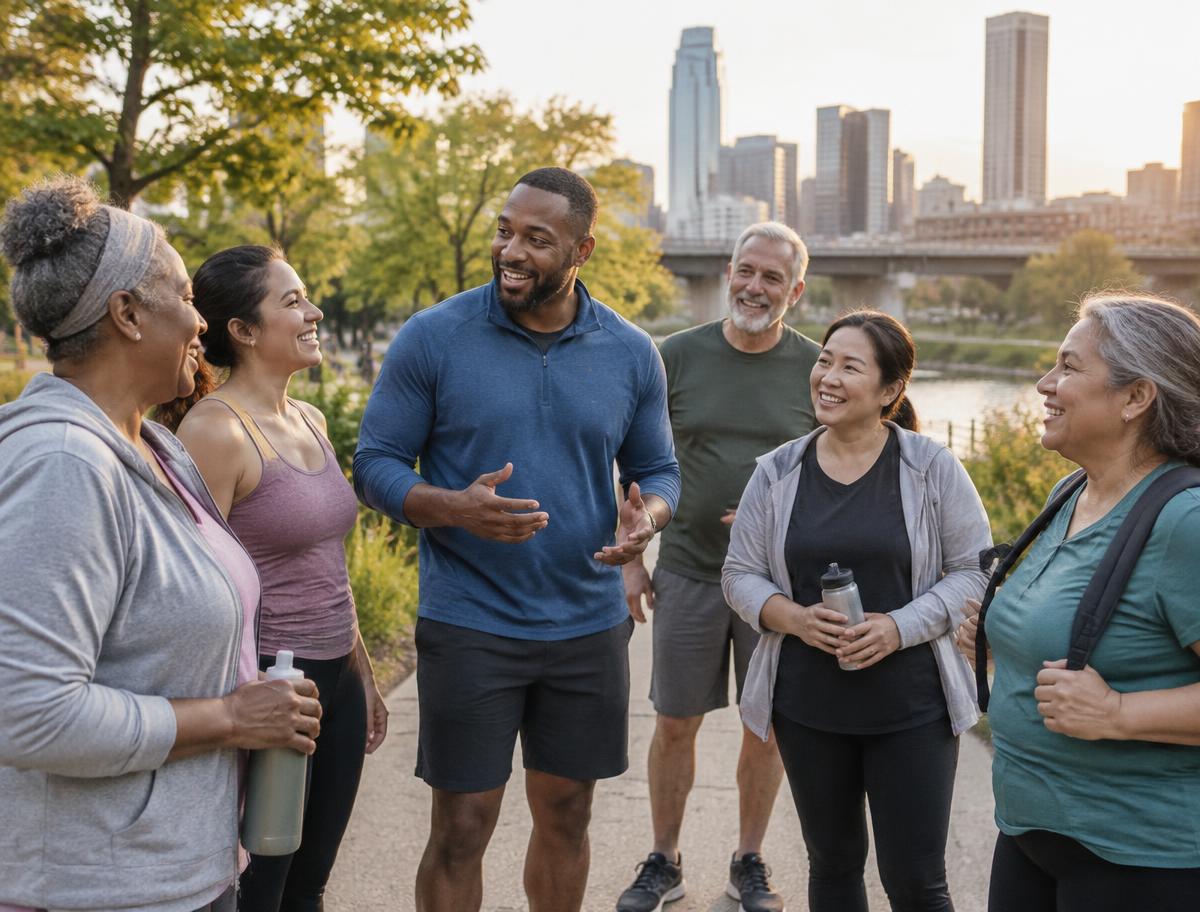 A wellness leader connecting with a diverse walking group outdoors