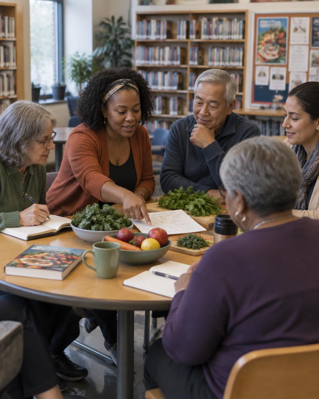 Adults having a natural wellness discussion around a community table