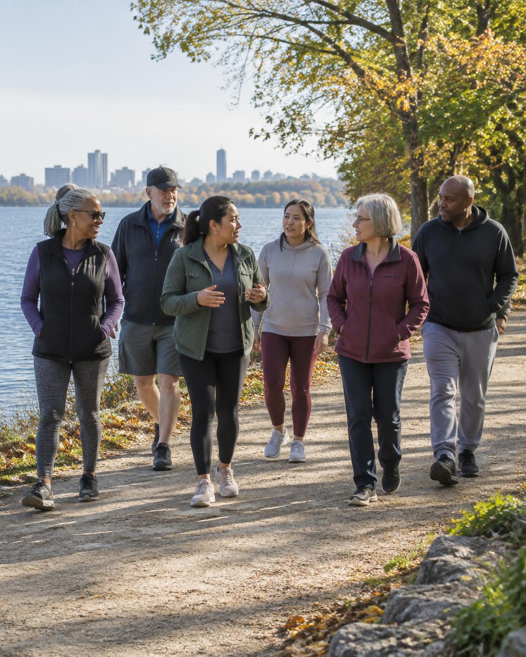 A diverse group of adults walking together on a leafy park path