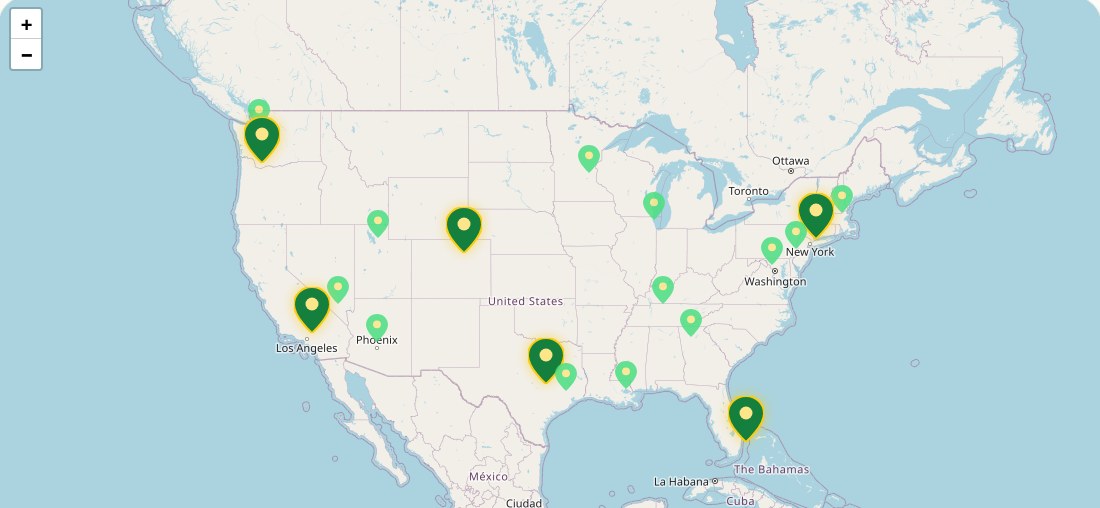 The WellNest wellness map showing wellness event markers across local cities
